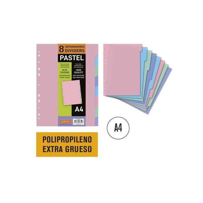 Separadores Senfort Pp Pastel Extra Grueso Opaco A4 8 Pestañas 11 Taladros