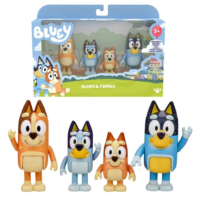 MOOSE 13009 - Pack 4 Figuras Familia Bluey: Bluey, Bingo, Bandit, Chilli - Licencia Oficial +3 años