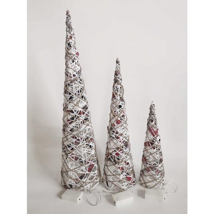 DKD Home Decor Cono Navideño Alpina Ratán LED Iluminado Decoración Natural Blanco 20x20x80 cm - Set de 3 Piezas