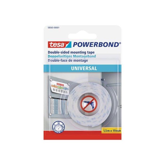 Tesa Cinta adhesiva doble cara Powerbond Universal uso interior 1,5 m x 19 mm para fijación segura y rápida
