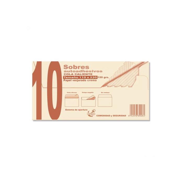 Sam 664926 Paquete de 10 sobres crema verjurado 120 gr, 110x220 mm, papel verjurado