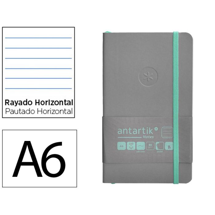 Cuaderno Con Gomilla Antartik Notes Tapa Blanda A6 Rayas Gris Y Turquesa 100 Hojas 80 gr Fsc