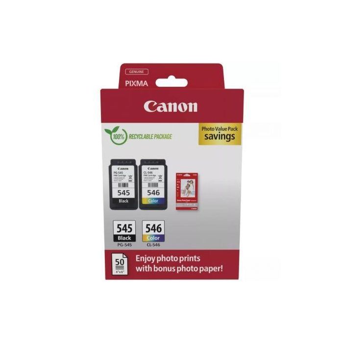 Canon Tinta Ecopack Bk+ C - M - Y + 50H Papel Fotográfico 10x15 Para Pixma Ip 2850 - Mg 2450-2550 - Tr 4550-4551 - Pg 545 + Cl 546