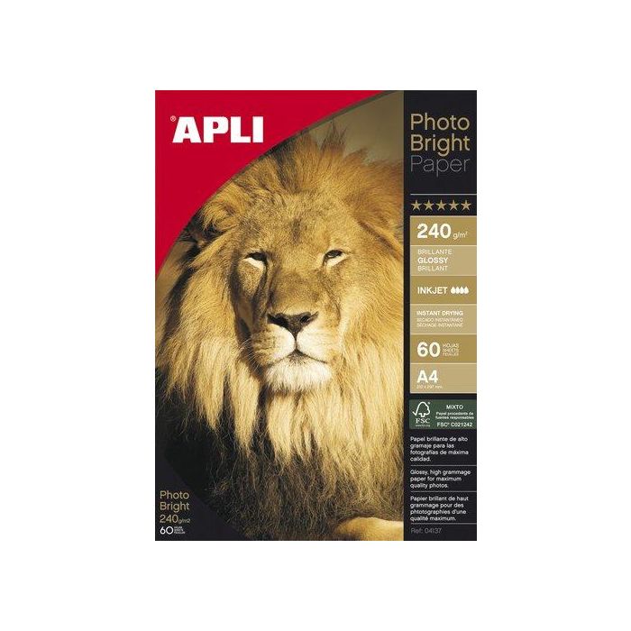Apli Papel Fotográfico Profesional Photo Bright A4 240 gr Brillo Paquete 60 Hojas para Inkjet