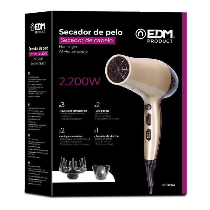 Edm Secador de Pelo con Difusor 1800-2200 W Secado 100% Libre de Daños con 2 Velocidades y 3 Niveles de Temperatura Dorado/Negro 1