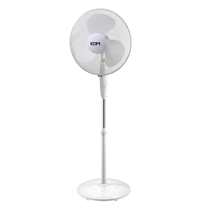 Ventilador de pie con base circular. color blanco. potencia: 45 W aspas: ø40cm altura regulable 110-130cm edm