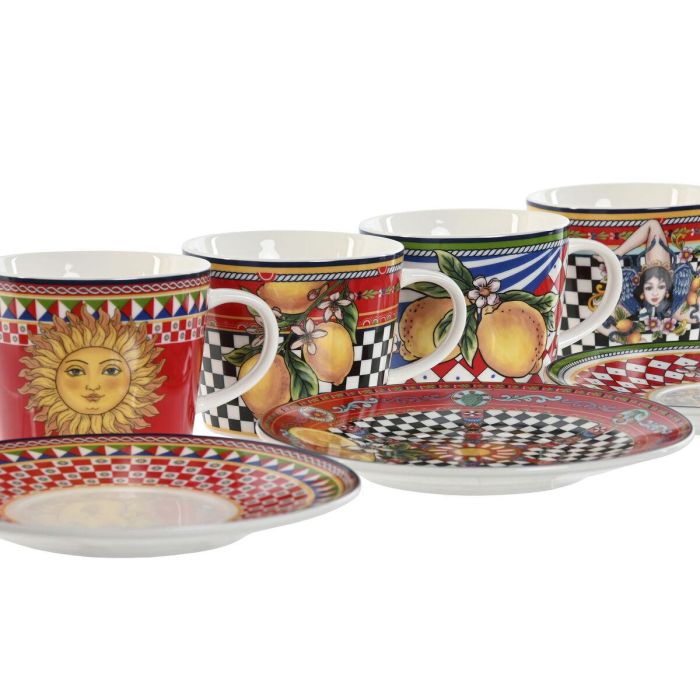 Taza Set Plato Moderno DKD Home Decor Rojo Amarillo 15.6 x 1.7 x 15.6 cm (4 Unidades) 2