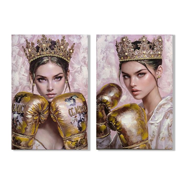 DKD Home Decor Cuadro Glam Lienzo y MDF Chica Boxeo Dorado Rosa 90 x 60 cm (2 Unidades)