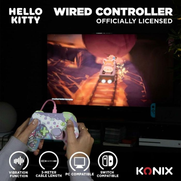 Konix Mando con Cable para Nintendo Switch, Switch OLED y PC - Hello Kitty - Vibración - Cable 3m - Morado y Rosa 4