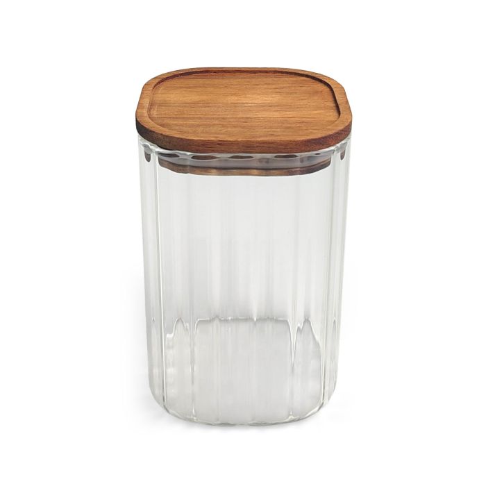 Inde Tarro de Boro-silicato Óptico con Tapa Acacia, Cuadrado, 950 ml, Colección La Mediterran - 10.2 x 10.2 x 15.7 cm (12 Unidades)