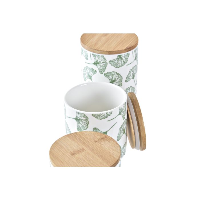 DKD Home Decor Bote de Almacenamiento Decorativo Tropical con Hojas Set de 3 Piezas de Gres y Bambú Verde Blanco 10x10x17 cm 1 DKD Home Decor Bote de Almacenamiento Decorativo Tropical con Hojas Set de 3 Piezas de Gres y Bambú Verde Blanco 10x10x17 cm 1