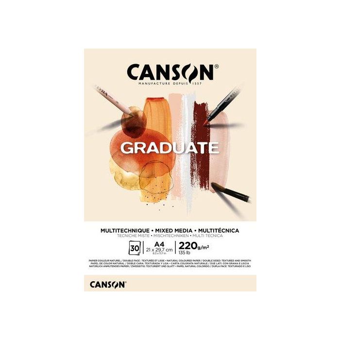 Bloc De Dibujo Canson Graduate Mix Media Encolado Natural Doble Cara A4 220G 30H (Set de 5)