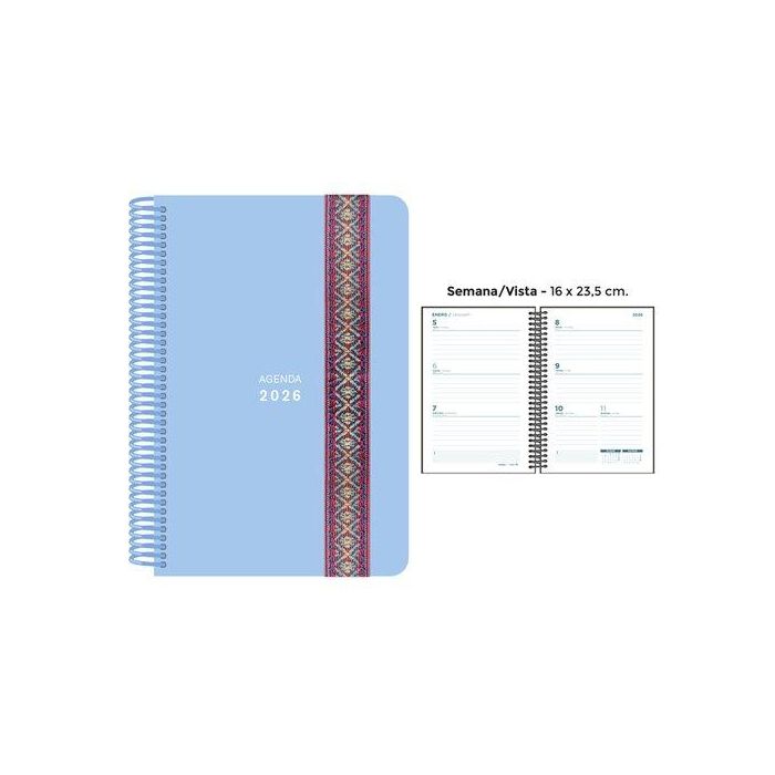 Agenda Anual (2026) Senfort Pastel Espiral Tapa Pp Con Goma Decorada 160X235 S/V Azul