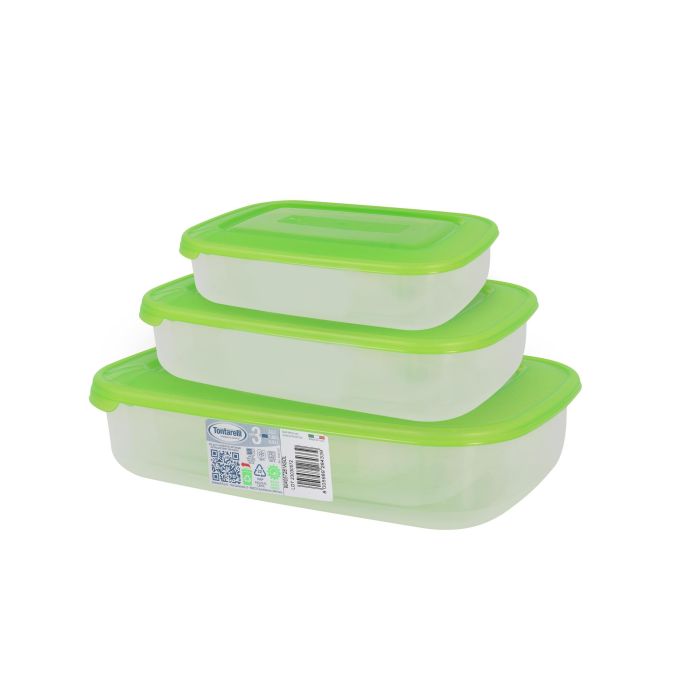 Tontarelli Set 3 Fiambreras Rectangulares 1L/2L/3L Tapa Verde Family (20 Cajas)