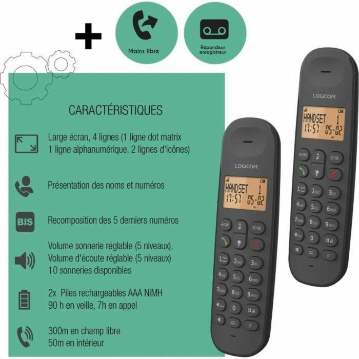 Logicom Teléfono Fijo Inalámbrico DECT ILOA 255T DUO Negro con Contestador Automático 1 Logicom Teléfono Fijo Inalámbrico DECT ILOA 255T DUO Negro con Contestador Automático 1