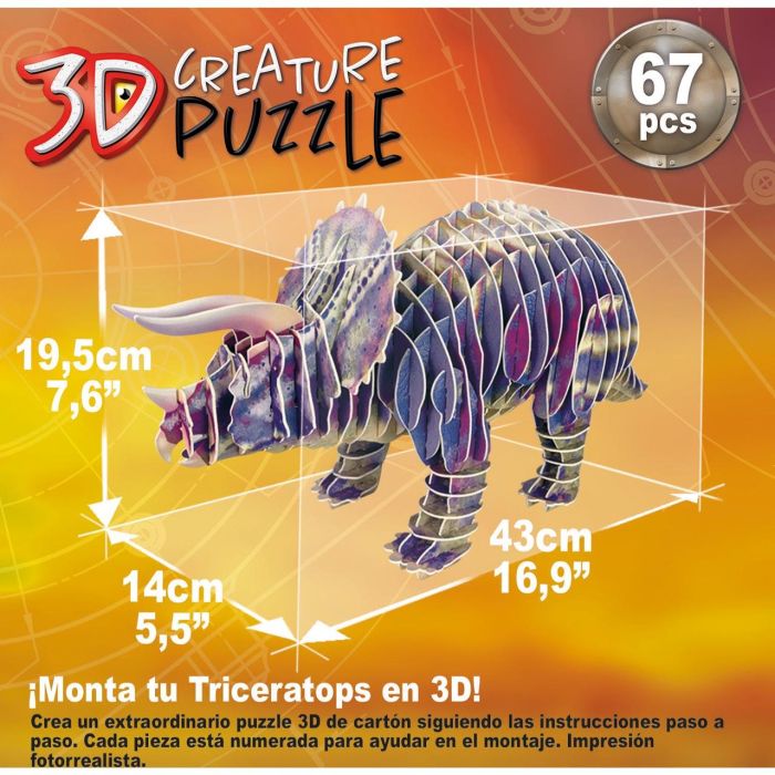 Educa Triceratops 3D Creature Puzzle 19183 Construcción de Cartón sin Pegamento para +6 Años 2