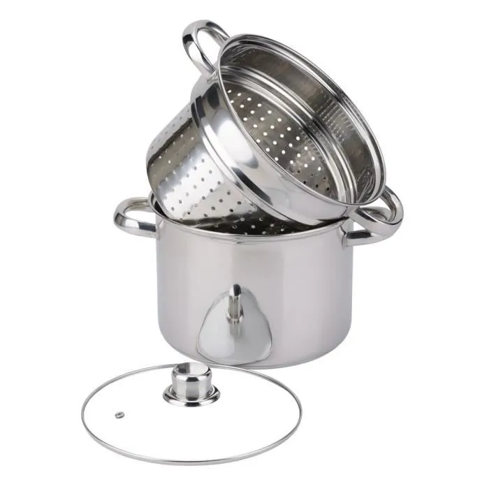 Baumalu Olla para Pasta Acero Inoxidable 20 cm con Difusor Triple Fondo y Tapa de Vidrio Apta Inducción 1