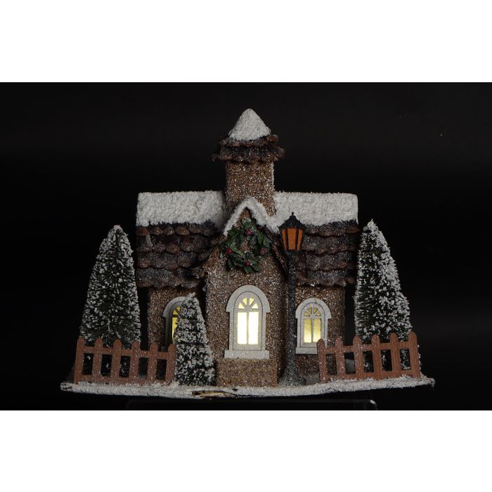 DKD Home Decor Casa Navideña Luminosa LED Estilo Alpino Natural Blanco 22x29x38 cm Funciona con Pilas AA Pack 2 1