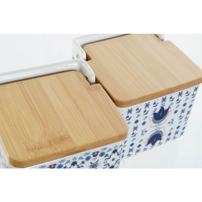 DKD Home Decor Salero Tradicional Azulejos Retro Azul Blanco Dolomita Bambú 12.5 x 12.5 x 12 cm (4 Unidades) 2