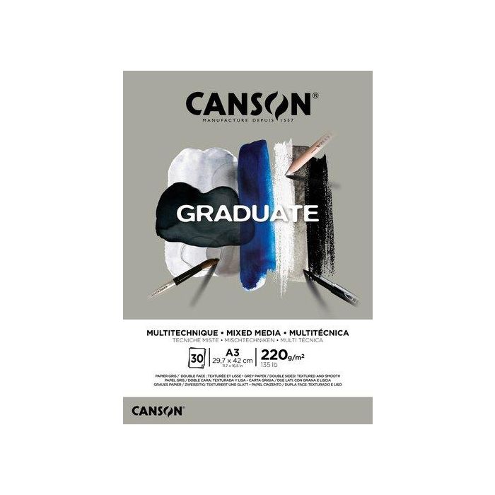 Bloc De Dibujo Canson Graduate Mix Media Encolado Gris Doble Cara A3 220G 30H (Set de 5)