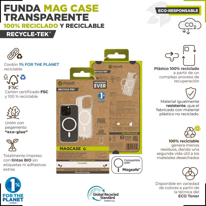 Muvit Funda Recycletek Magsafe para iPhone 15, material reciclado y reciclable 1 Muvit Funda Recycletek Magsafe para iPhone 15, material reciclado y reciclable 1