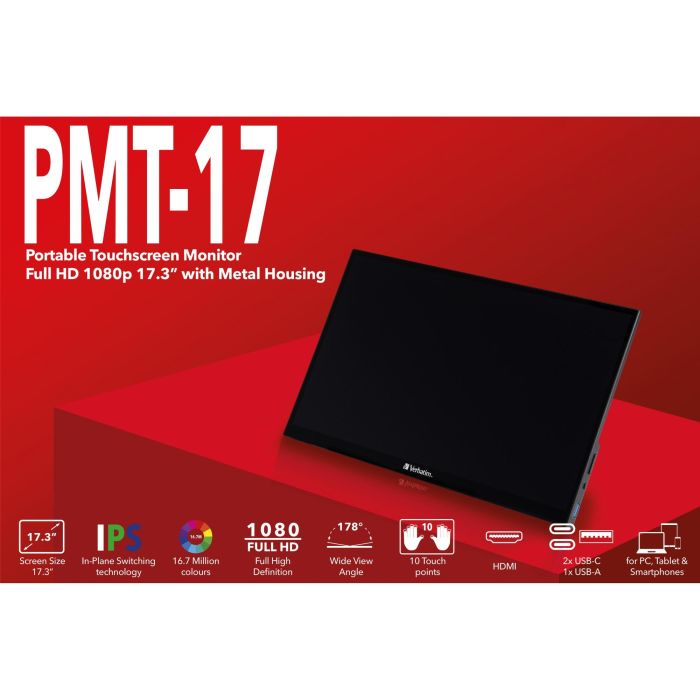 Verbatim PMT-17 (49593) Monitor Portátil Táctil 17.3" Full HD 1080p IPS con USB-C y HDMI para PC/Mac/Móvil 7
