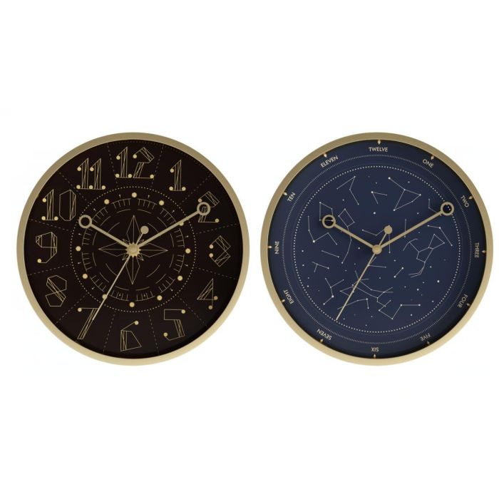 DKD Home Decor Reloj de Pared Moderno Aluminio Negro Azul 30x30 cm - Pack 2 Unidades