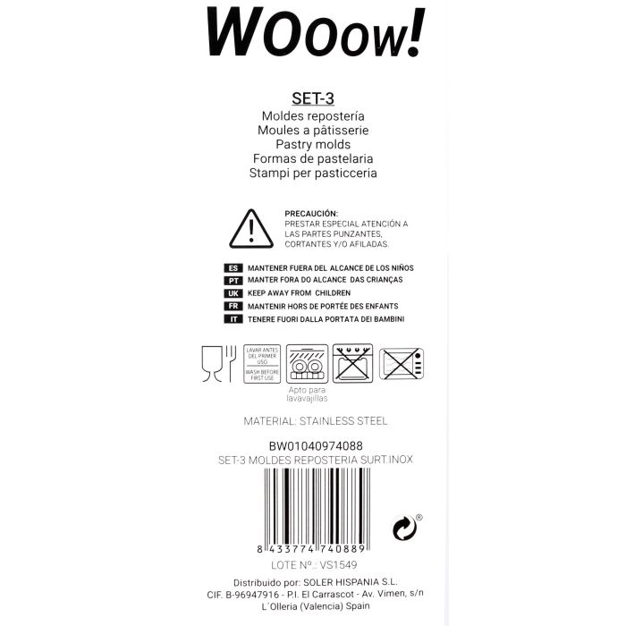 Set de 3 moldes de repostería surtidos en acero inoxidable - Wooow (36 Cajas) 1