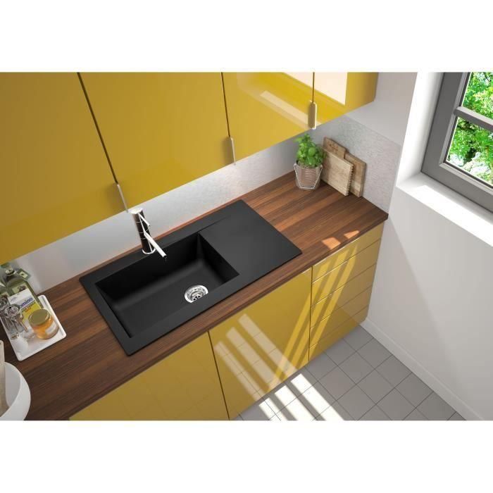 STRADOUR Fregadero de cocina empotrado 1 recipiente grande + 1 escurridor Einna - Resina - 86 x 50 cm - Negro 1 STRADOUR Fregadero de cocina empotrado 1 recipiente grande + 1 escurridor Einna - Resina - 86 x 50 cm - Negro 1