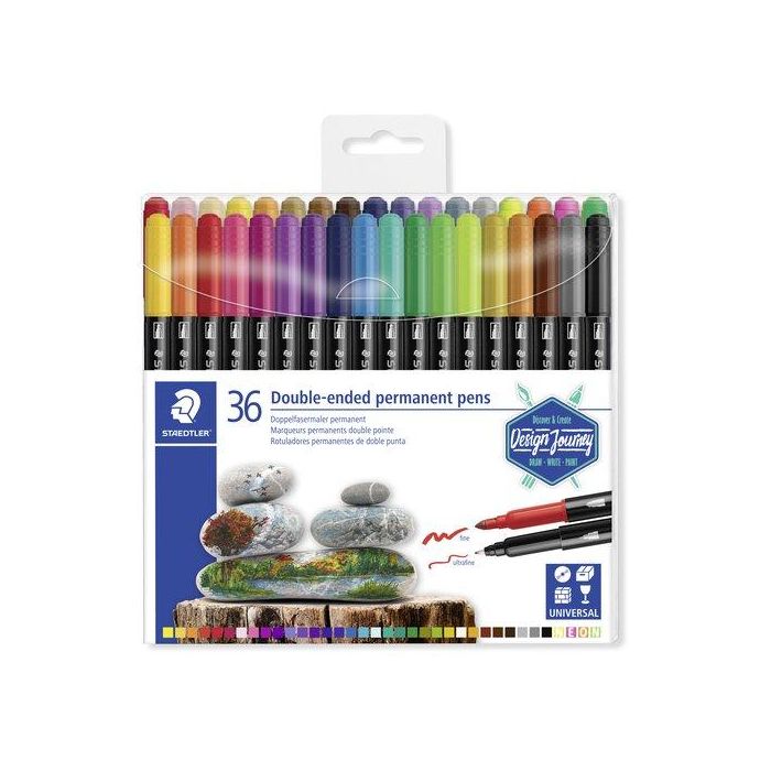 Staedtler Rotulador permanente doble punta 3187, resistente al agua y secado rápido, puntas fina y ultrafina, estuche 36 colores surtidos