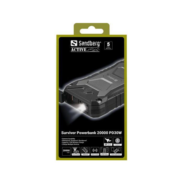 Sandberg Survivor Powerbank 20000 mAh PD30W, IP66 Resistente al Agua Polvo Impactos, Carga Inalámbrica Qi USB-C QC 3.0 6