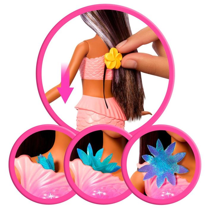 Barbie Jdm73 Muñeca Sirena Florece Morena con Flores Mágicas que Salen de la Aleta, Cabello Castaño con Mechas Moradas y Diadema de Perlas. 4