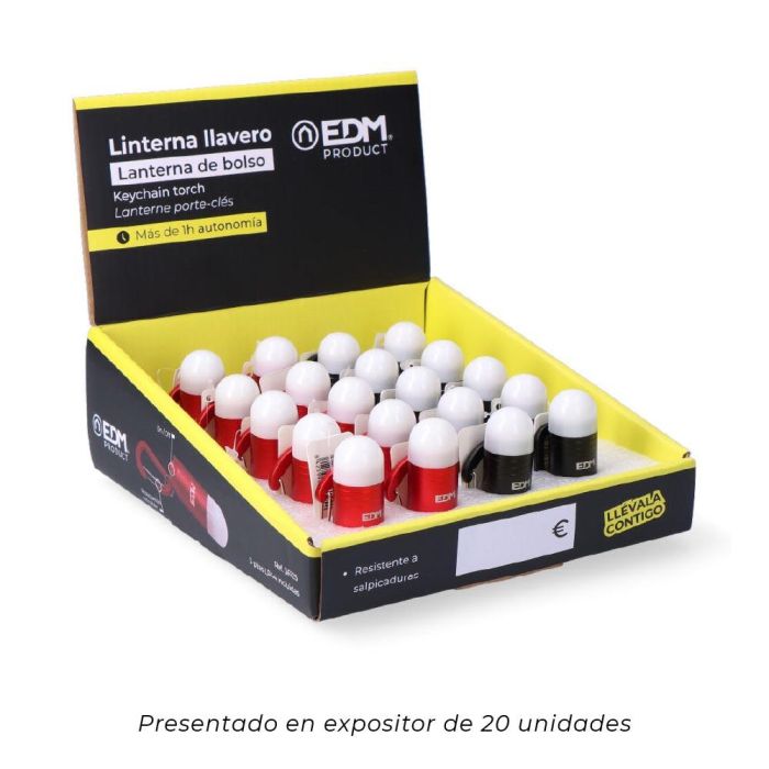 Edm Linterna Llavero con Mosquetón LED 0.5W 40LM 8000K, Aluminio, Resistente a Salpicaduras, 1-1.5H Autonomía, Pilas Incluidas, Colores Surtidos 4 Edm Linterna Llavero con Mosquetón LED 0.5W 40LM 8000K, Aluminio, Resistente a Salpicaduras, 1-1.5H Autonomía, Pilas Incluidas, Colores Surtidos 4