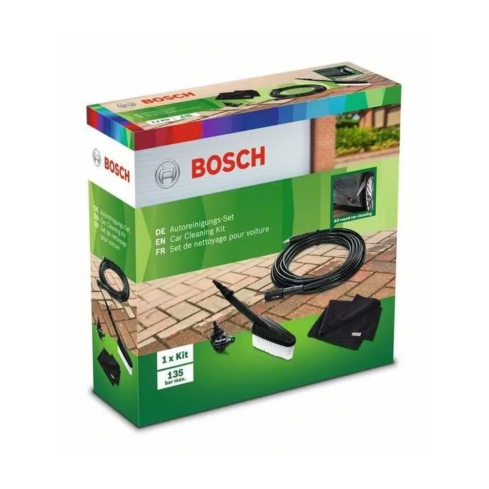 Bosch Car Kit con Accesorios de Limpieza: Cepillo (F016800359), Boquilla 90° (F016800354), Manguera 6m (F016800361) y Paño Microfibra 4