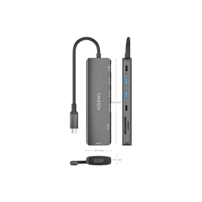 Aisens ASUC-7P026-GR Dock USB-C 7 en 1 con HDMI 4K, 2xUSB-A, USB-C PD 100W, Lector Tarjetas SD/MicroSD, Gris 3 Aisens ASUC-7P026-GR Dock USB-C 7 en 1 con HDMI 4K, 2xUSB-A, USB-C PD 100W, Lector Tarjetas SD/MicroSD, Gris 3
