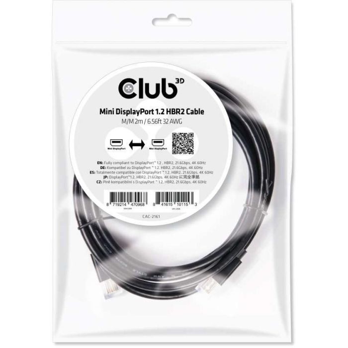 Club3D 1.2 HBR2 21.6Gb/s Cable Mini DisplayPort a Mini DisplayPort 2m 4K60Hz Macho/Macho, Negro 2 Club3D 1.2 HBR2 21.6Gb/s Cable Mini DisplayPort a Mini DisplayPort 2m 4K60Hz Macho/Macho, Negro 2