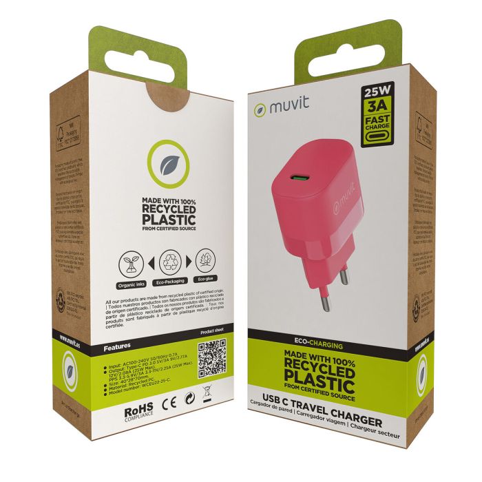 muvit for change cargador de pared Tipo C PD 25W magenta 3 muvit for change cargador de pared Tipo C PD 25W magenta 3