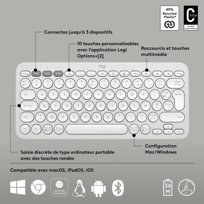 LOGITECH - Teclado inalámbrico - Pebble Keys 2 M380s - Bluetooth - Botón Easy-Switch - Blanco - (920-011804) 5 LOGITECH - Teclado inalámbrico - Pebble Keys 2 M380s - Bluetooth - Botón Easy-Switch - Blanco - (920-011804) 5