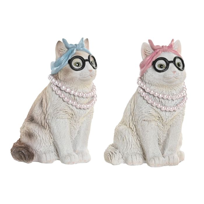 DKD Home Decor Figura Decorativa de Gato Moderno Resina Blanco Rosa 13x19.5x13.5 cm (2 Unidades)