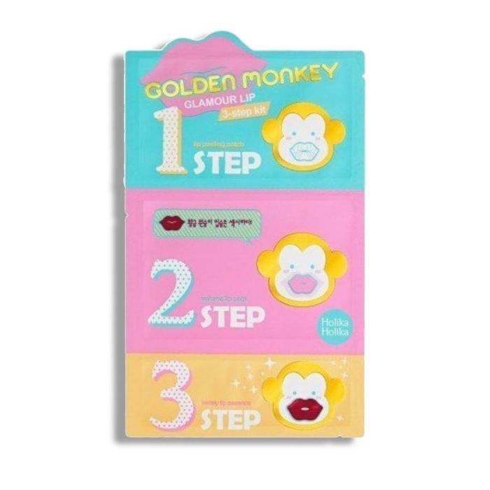 Holika Golden Monkey Kit Labios 3 Pasos: Exfoliante, Mascarilla Hidrogel y Esencia. Repara Grietas, Hidrata, Volumen con Ácido Hialurónico y Miel.