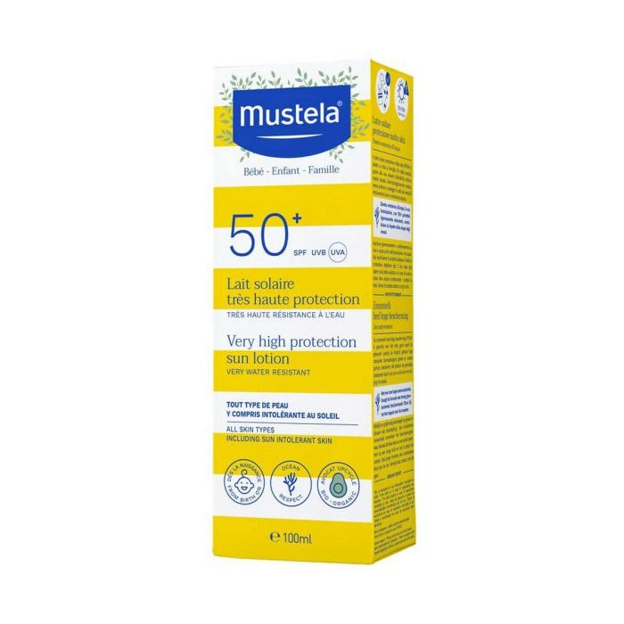 Mustela BÉBÉ SOL Leche Solar Muy Alta Protección SPF 50+ Bebé y Niño Piel Atópica Resistente Agua Sin Fragancia 100 ml 1