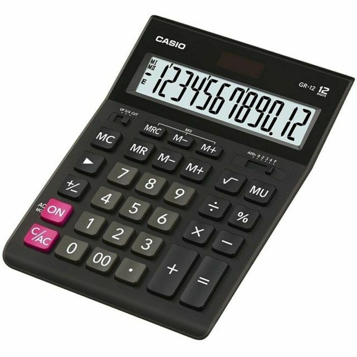 Casio Calculadora de Oficina GR-12-W 12 Dígitos Negro, Pantalla Grande, Funciones Estándar, Teclas de Memoria