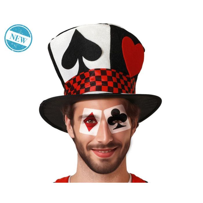 Sombrero de Copa Alta con Naipes y Cuadros Rojos para Disfraz de Mago, Crupier de Casino o Fiestas Temáticas