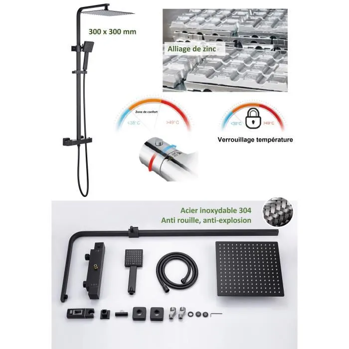 Oceanic Columna de Ducha Mezclador Termostático Cuerpo Frío Rociador Cuadrado 30x30 cm Negro Mate 3