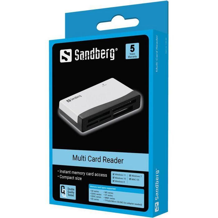 Sandberg Multi Card Reader USB universal para lectura y escritura rápida de múltiples tipos de tarjetas de memoria, ideal para cámaras digitales. 1