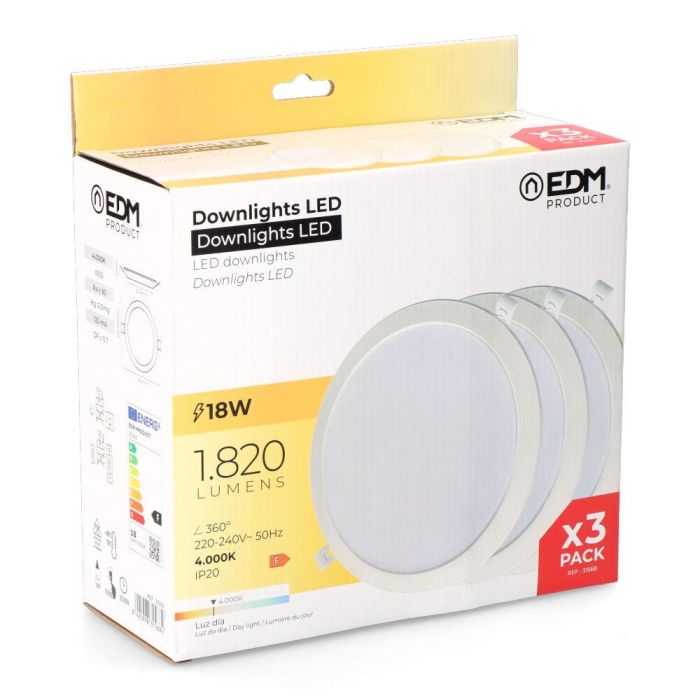 Pack 3 downlights led 18w, luz día 4000k 3