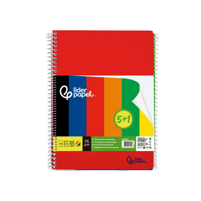 Liderpapel Cuaderno espiral A4 tapa blanda 80 hojas 75gr cuadro 4 mm con margen pack 5+1 colores surtidos 1