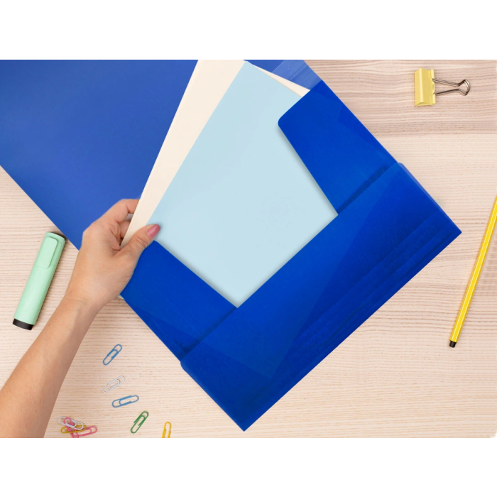 Liderpapel Carpeta Gomas Tres Solapas Polipropileno DIN A4 Color Azul Translucido 7