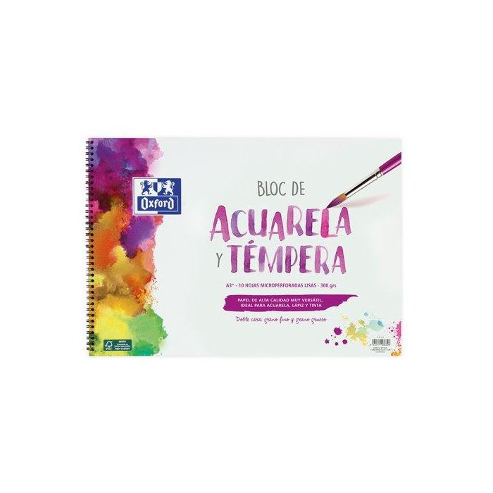 Oxford Bloc Pintura Acuarela y Témpera 10H 300 gr Espiral A3+ Liso Blanco