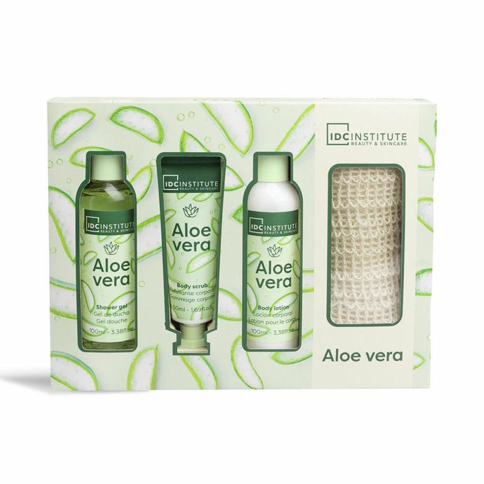 Idc Institute Set Regalo Aloe Vera 4 Piezas para Cuidado Corporal: Gel, Loción, Exfoliante y Esponja de Sisal